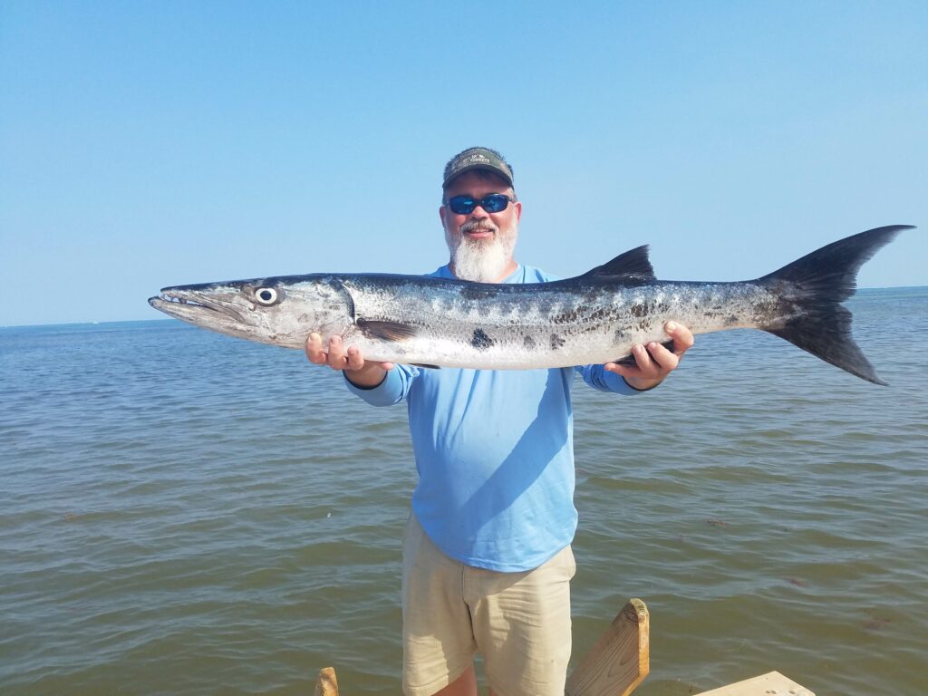"A guest holding a large, grear barracuda with distinct markings caught on a San Pedro fishing excursion."